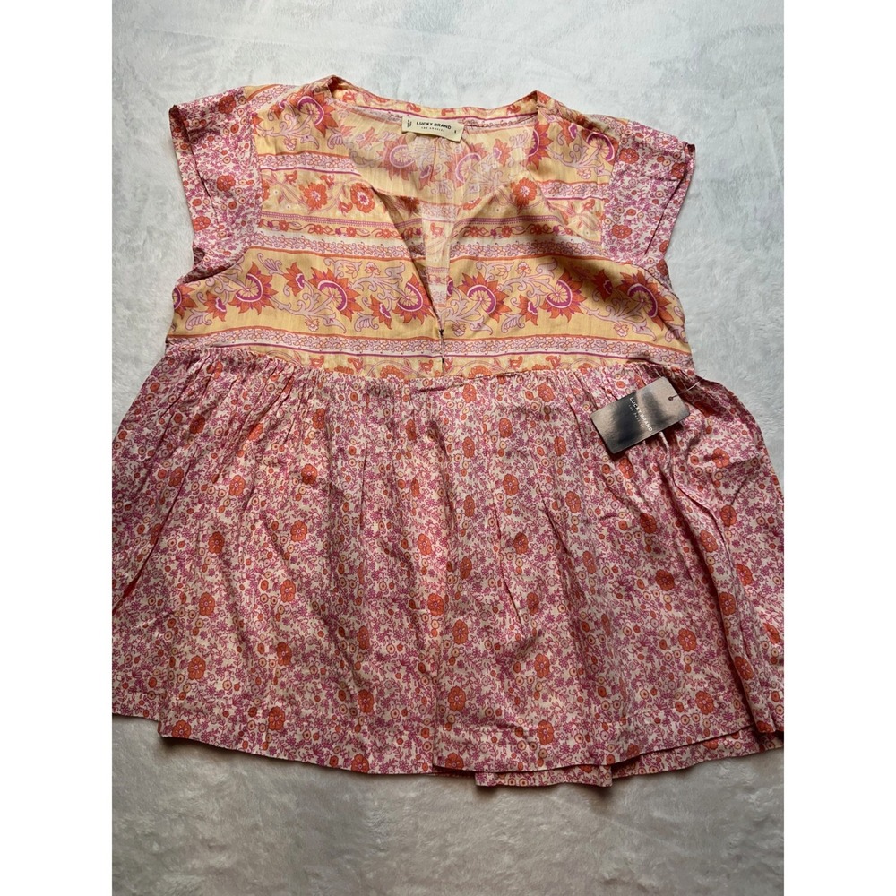 Lucky Brand Pink Orange Floral Paisley Babydoll Peplum Top Small NEW - 167